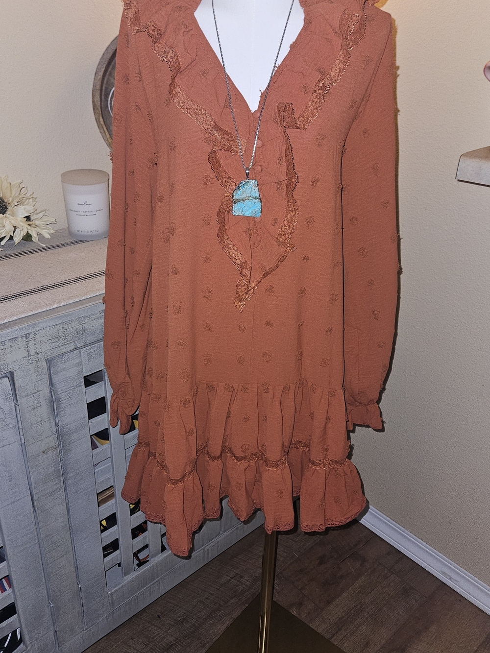 easel Rust Ruffle V‑Neck Mini Dress Boho - Picture 2 of 2